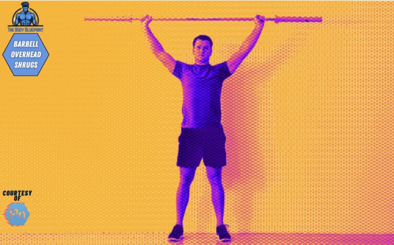 Barbell overhead shrugs demonstrated by a certified trainer with perfect form