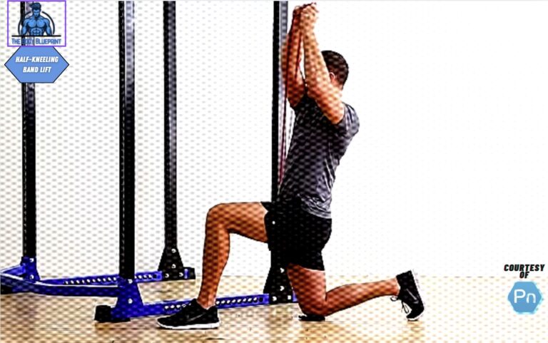 Certified personal trainer demonstrating the half-kneeling band lift exercise.