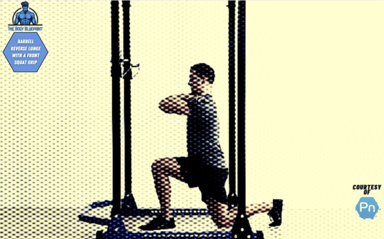 Certified personal trainer demonstrating barbell reverse lunge with front squat grip.