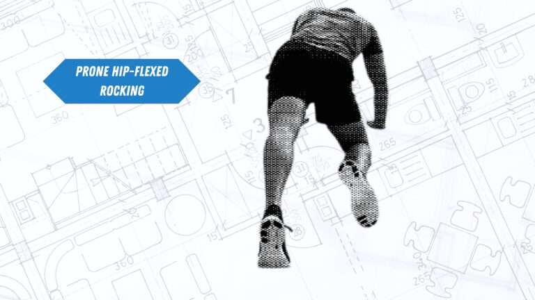 A man performing Prone Hip-Flexed Rocking. A gentle and calming exercise that helps improve your balance, flexibility, and coordination. It involves lying on your stomach with your legs bent at the hip while gently rocking back and forth.
