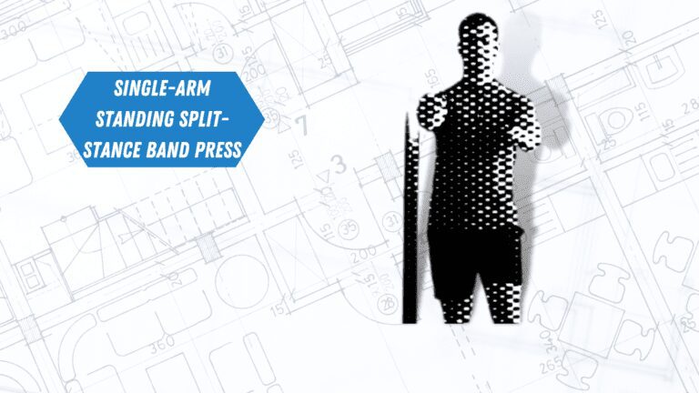 An expert personal trainer demonstrating a Single-Arm Standing Split-Stance Band Press