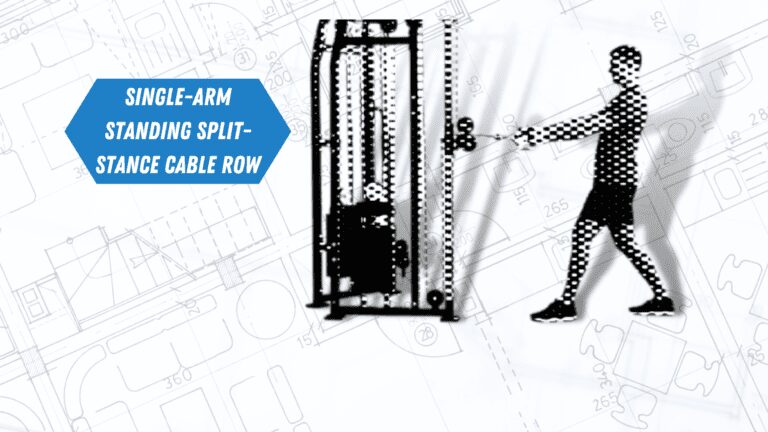 An expert personal trainer demonstrating a Single-Arm Standing Split-Stance Cable Row