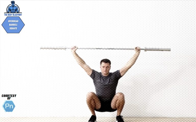 Certified trainer performing an overhead barbell squat.