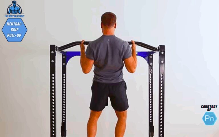A man from the back view is performing pull-ups on a black and blue power rack against a white wall. He is wearing a grey t-shirt and black shorts.