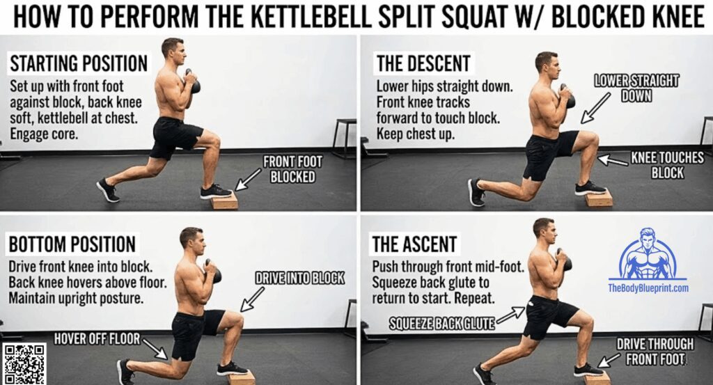 Four-panel image guide showing the starting, descent, bottom, and ascent positions for the Kettlebell Split Squat. Key steps include keeping the front foot blocked, driving the knee into the block, hovering the back knee, and squeezing the back glute on the ascent.