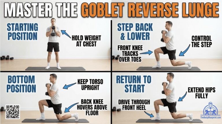 Four-panel instructional image showing the Goblet Reverse Lunge: Starting Position (hold weight at chest), Step Back & Lower (knee tracks over toes), Bottom Position (torso upright, knee hovers), and Return to Start (drive through front heel).