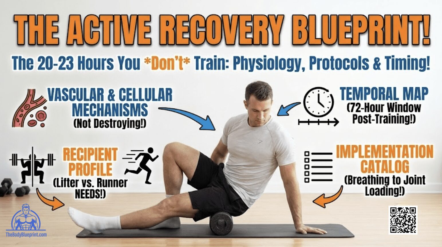 Infographic outlining the Active Recovery Blueprint, covering vascular and cellular mechanisms, recipient profile (lifter vs. runner), implementation catalog (breathing to joint loading), and temporal map (72-hour window post-training). The image shows a man foam rolling.