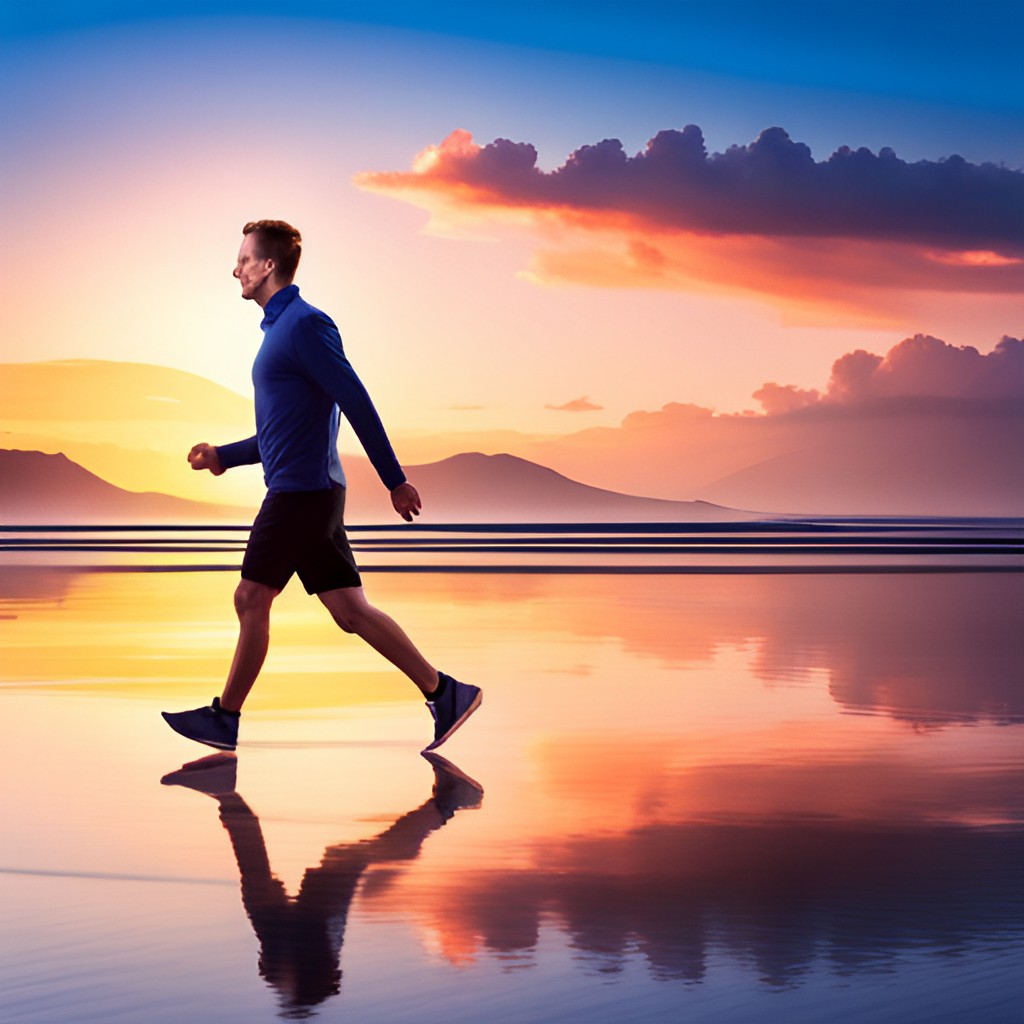 A man walking briskly on the beach at sundown.