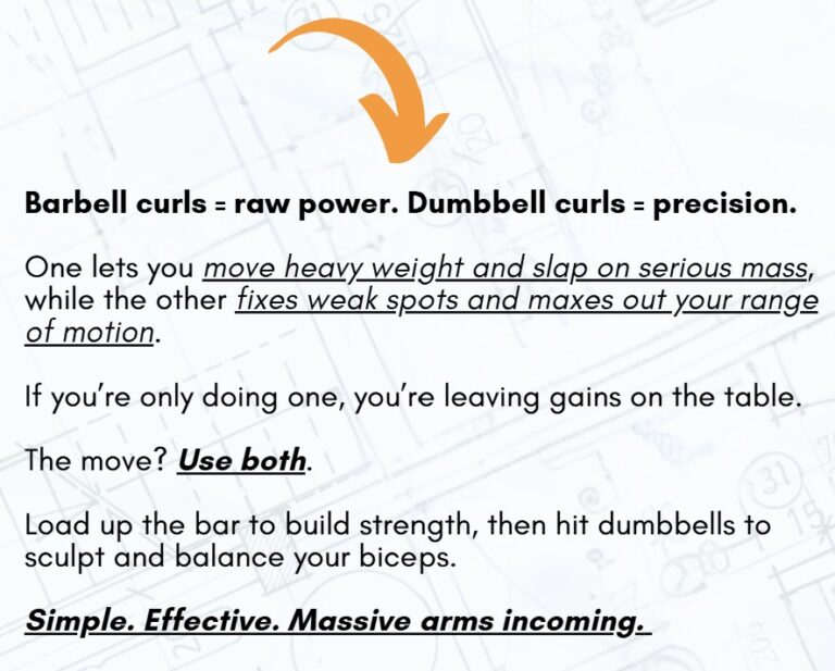 A bold text comparison of barbell curls and dumbbell curls, highlighting their strengths for building biceps.