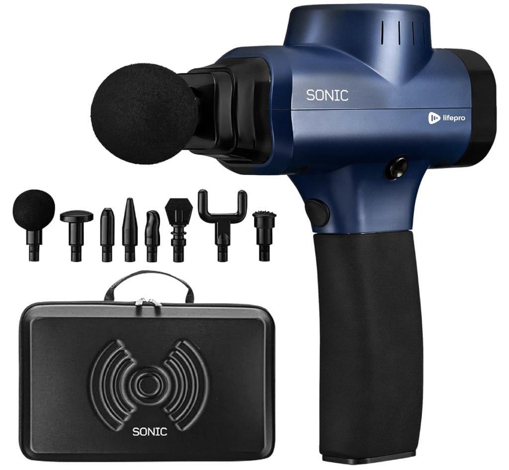 This is a picture of the Sonic Handheld Percussion Massage Gun, a state-of-the-art fitness tool designed to alleviate muscle tension and enhance recovery. The image showcases the device's sleek design, which is ergonomic for easy handling. The gun is equipped with a high-torque motor that delivers powerful vibrations capable of penetrating deep into muscle tissue. This can potentially aid in increasing blood circulation, releasing trapped lactic acid, and breaking down muscle knots, contributing to pain relief and improved mobility. With adjustable intensity levels, users can customize their massage experience according to their specific needs. 