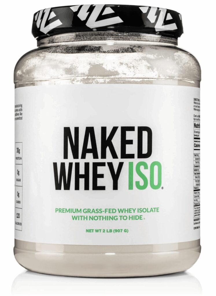 Container of NAKED WHEY ISO, a premium grass-fed whey isolate powder, highlighting 30g protein, 0g sugar, 0g carbs, and 120 calories per serving. The product emphasizes 'Nothing to Hide.'