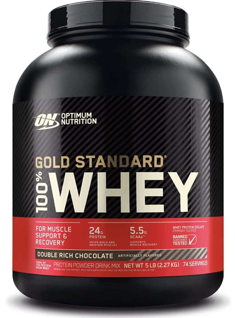 A 5-pound tub of Optimum Nutrition Gold Standard 100% Whey Protein Powder in Double Rich Chocolate - a powerhouse of nutrition, presented in a sleek black and gold container.