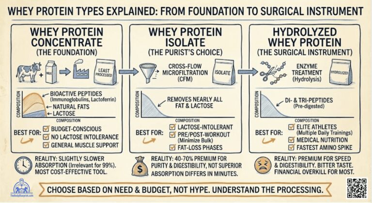 Infographic explaining the three types of whey protein: Concentrate (least processed, contains fat/lactose, best for budget), Isolate (removes fat/lactose, best for pre/post-workout), and Hydrolyzed (enzyme-treated, pre-digested di/tri-peptides, best for fastest absorption/elite athletes).
