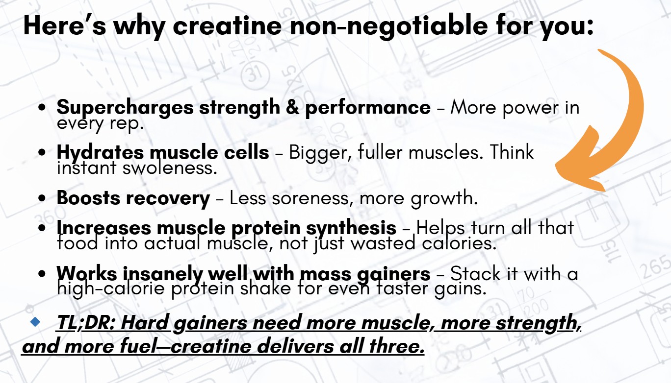 A list of key reasons why hard gainers should use creatine, including strength, muscle hydration, recovery, protein synthesis, and stacking with mass gainers.