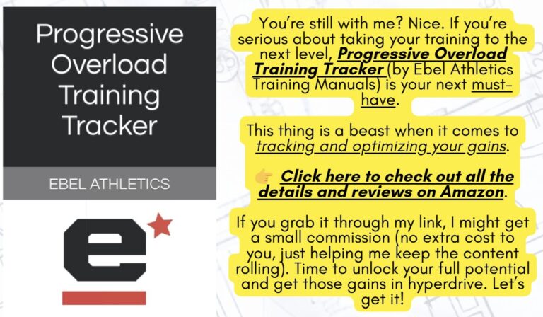 Sign promoting the Progressive Overload Training Tracker by Ebel Athletics with a call to action to unlock full potential and get serious about gains.