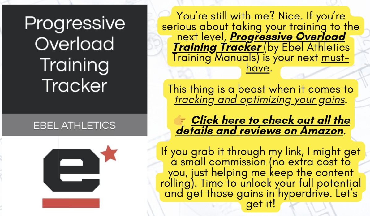 Sign promoting the Progressive Overload Training Tracker by Ebel Athletics with a call to action to unlock full potential and get serious about gains.