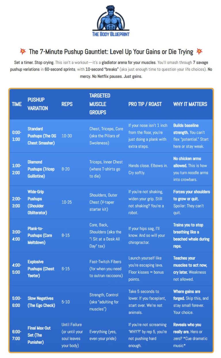 A high-intensity pushup workout table outlining 7 brutal variations, time frames, reps, and sarcastic pro tips for building muscle. Perfect for masochists and gains enthusiasts.