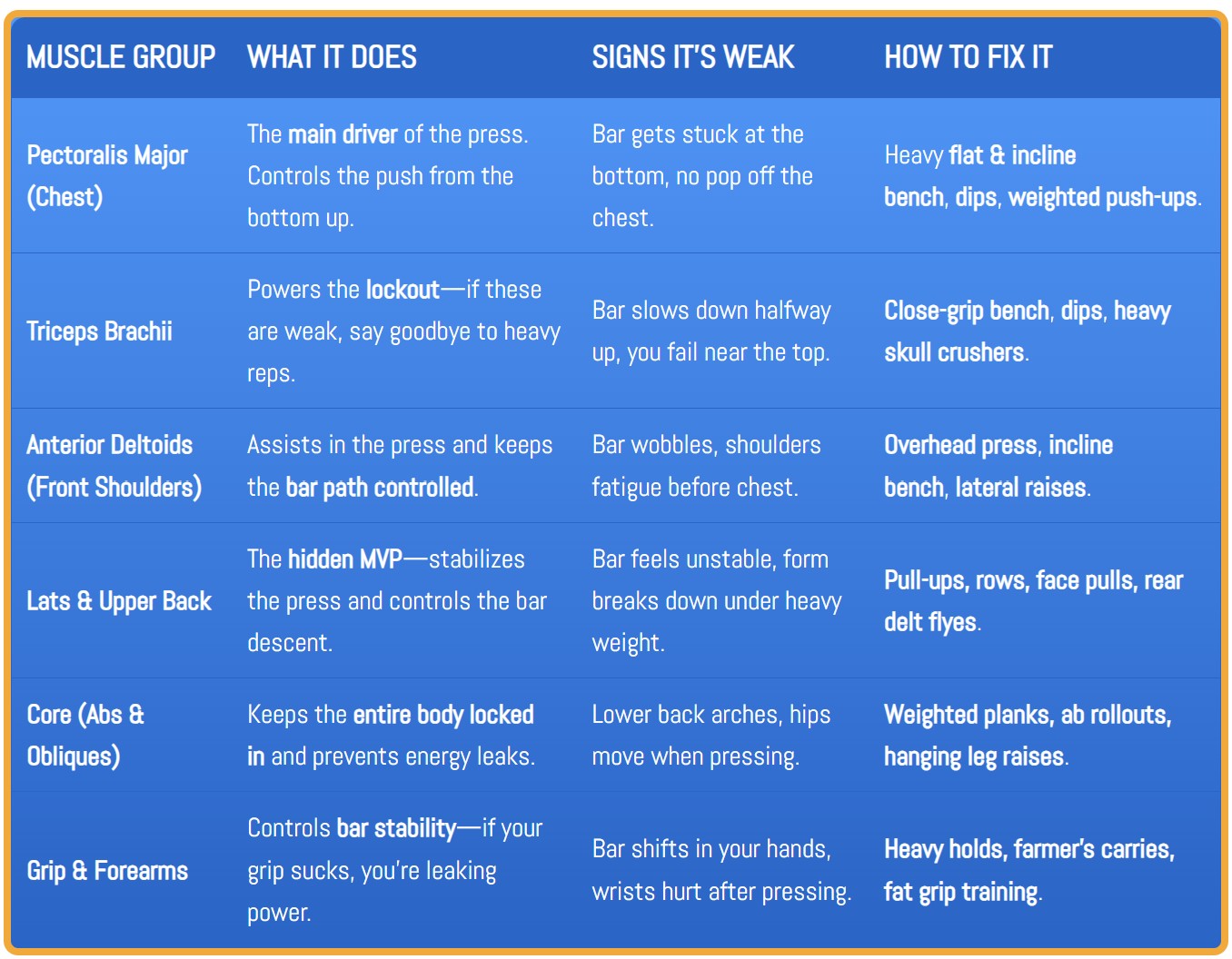 Table showing primary and supporting muscles in the bench press, common weak points, and how to strengthen them.