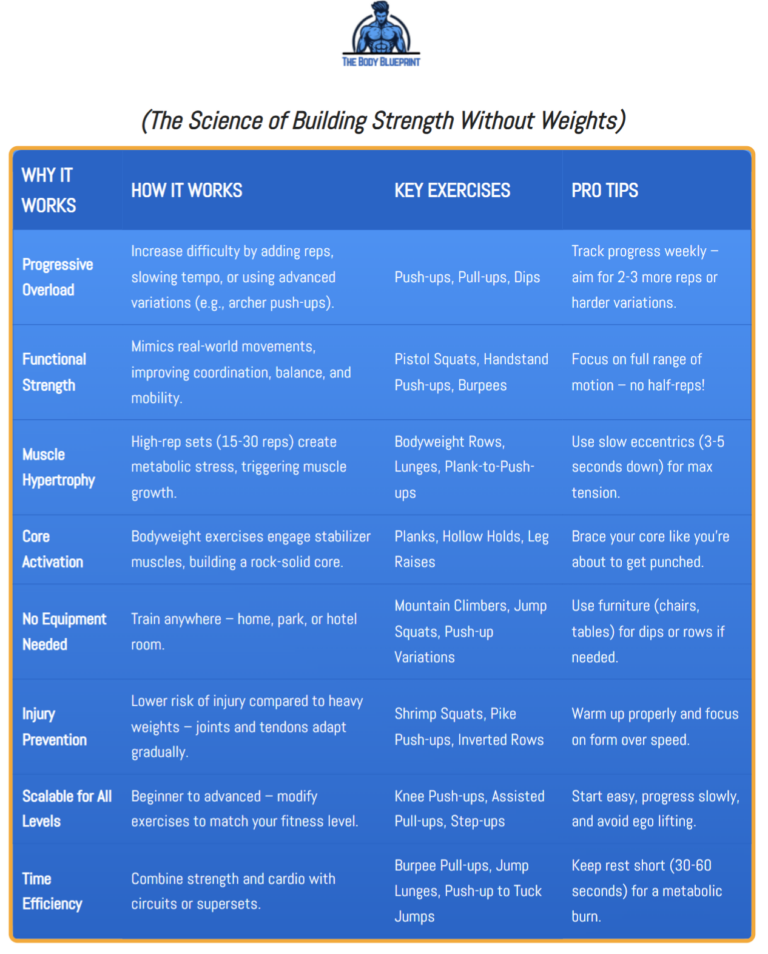 A table explaining the benefits of bodyweight training, including progressive overload, functional strength, and muscle hypertrophy, with key exercises and pro tips for maximizing results.