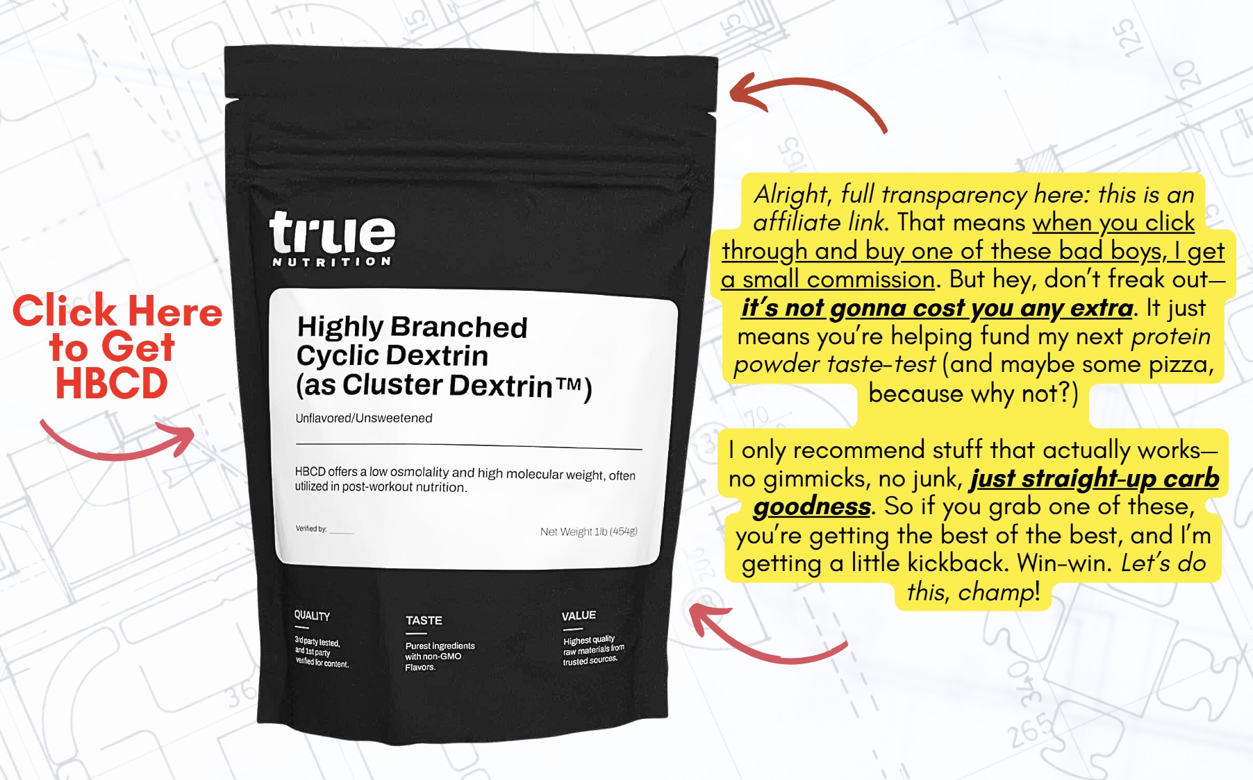 Button with an image of Highly Branched Cyclic Dextrin (HBCD) from TrueNutrition, linking to Amazon for purchase.