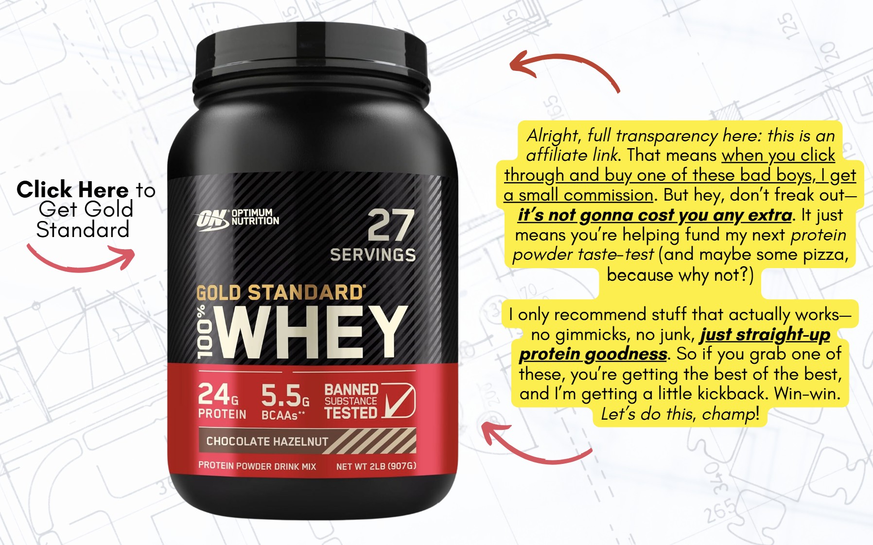 Button-style image with text that says "Click Here to Get Gold Standard Whey" for easy purchasing.