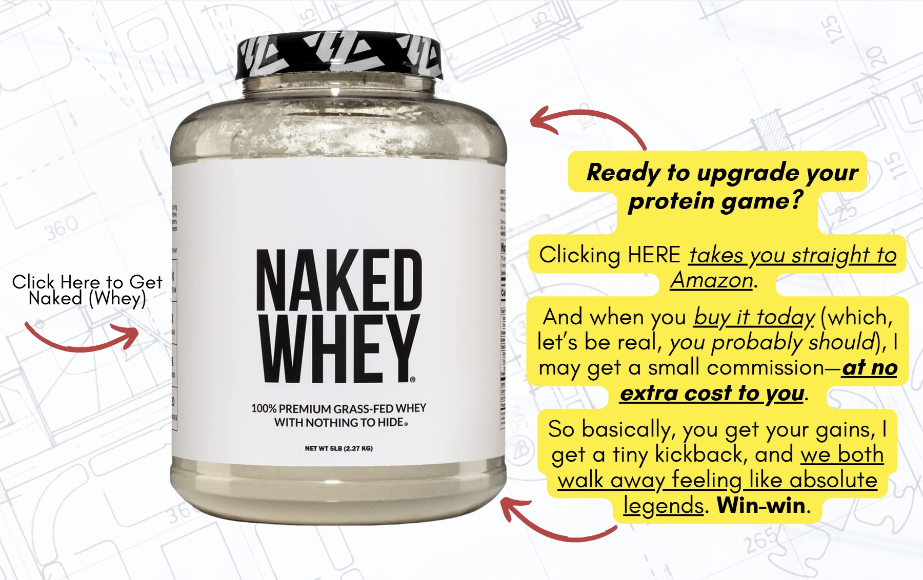 Naked Whey Protein bottle with a button to purchase on Amazon