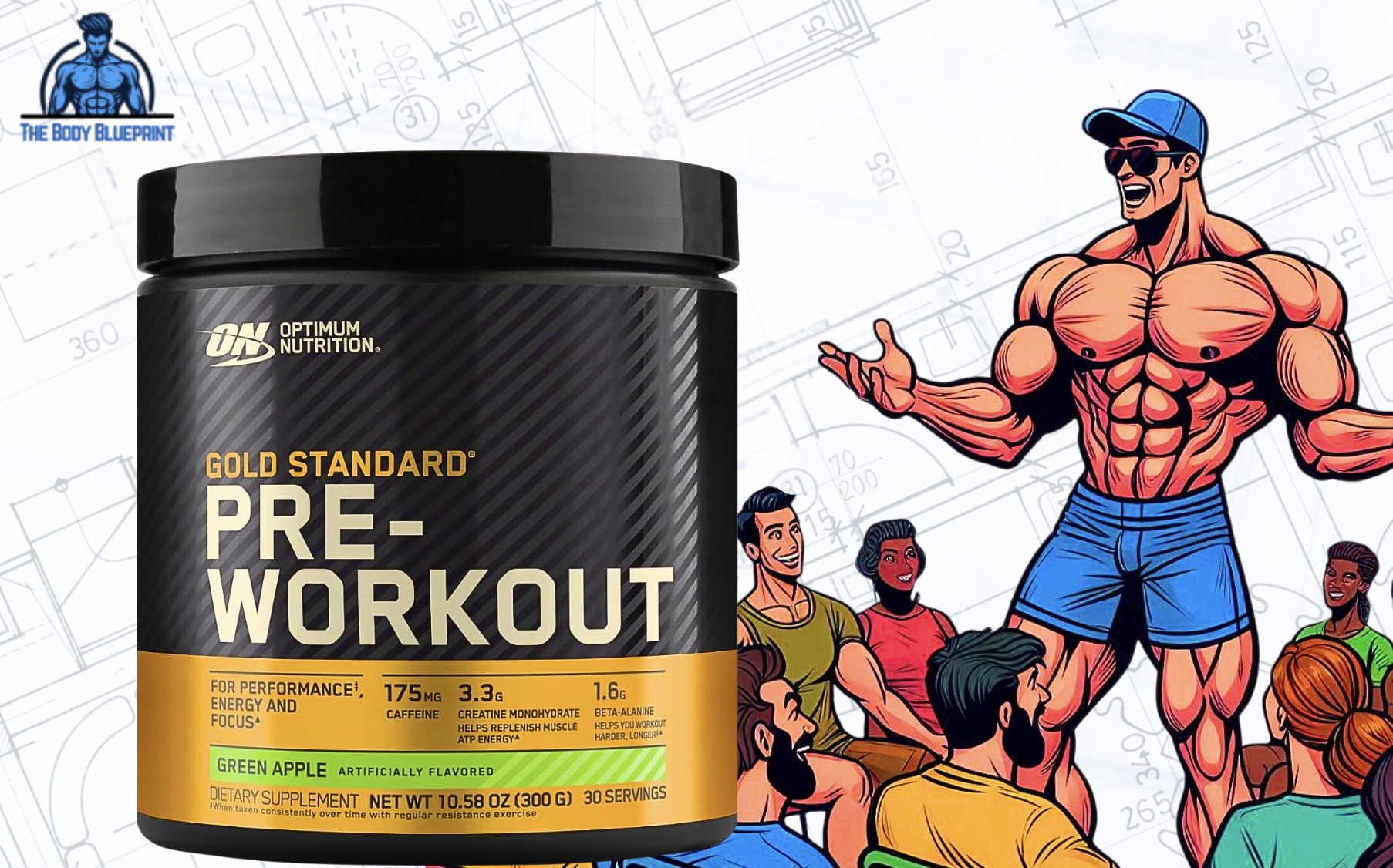 Tub of Optimum Nutrition Gold Standard Pre Workout in green apple flavor, 30 servings