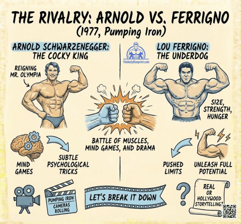Infographic depicting the bodybuilding rivalry between Arnold Schwarzenegger (The Cocky King) and Lou Ferrigno (The Underdog) from the 1977 film Pumping Iron, highlighting the use of mind games and psychological tricks.
