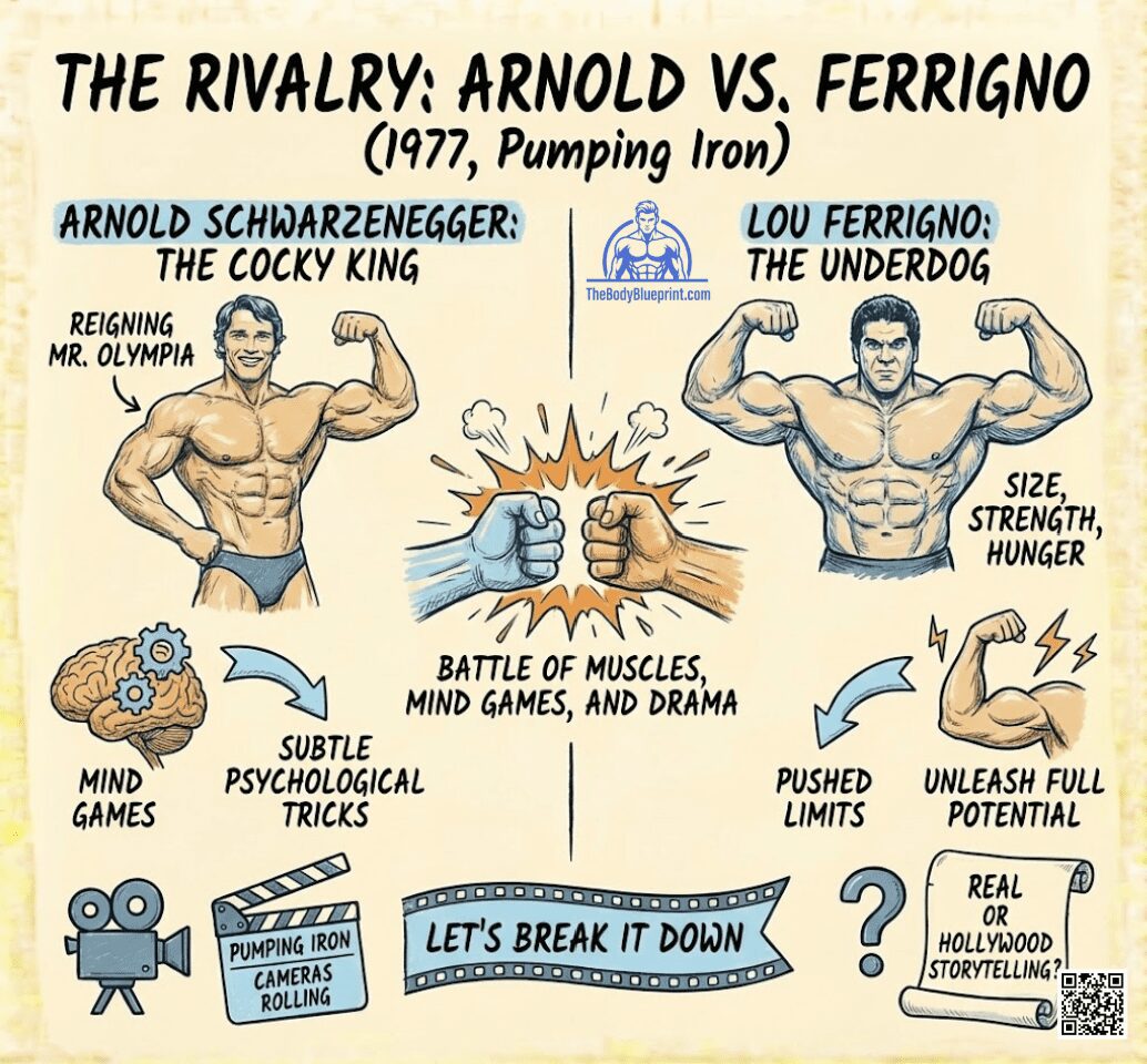 Infographic depicting the bodybuilding rivalry between Arnold Schwarzenegger (The Cocky King) and Lou Ferrigno (The Underdog) from the 1977 film Pumping Iron, highlighting the use of mind games and psychological tricks.