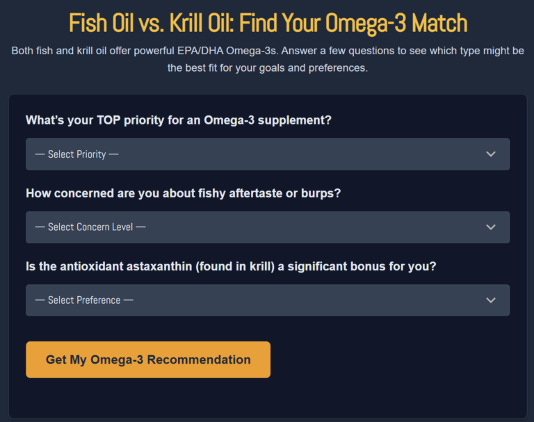 An interactive app titled "Fish Oil vs. Krill Oil: Find Your Omega-3 Match" with three dropdown questions about Omega-3 supplement preferences and a "Get My Omega-3 Recommendation" button.