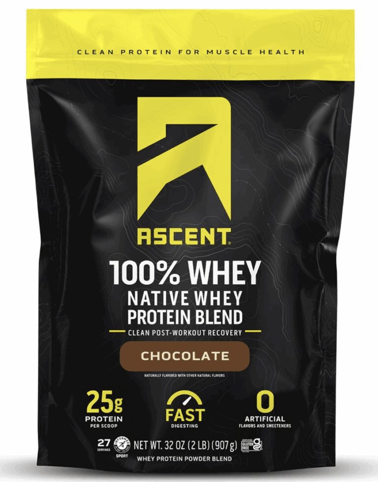 Black and yellow Ascent 100% Native Whey Protein Blend bag in Chocolate flavor, displaying 25g of protein per scoop, zero artificial flavors, and fast digesting labels, verifying its clean post-workout formulation for the review.
