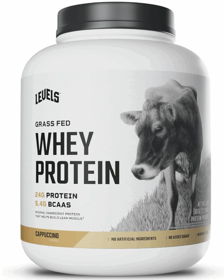 Levels Grass Fed Whey Protein tub in Cappuccino flavor displaying "24g Protein" and "5.4g BCAAs" alongside "No Artificial Ingredients" and "No Added Sugar" labels, verifying its clean formulation for the review.