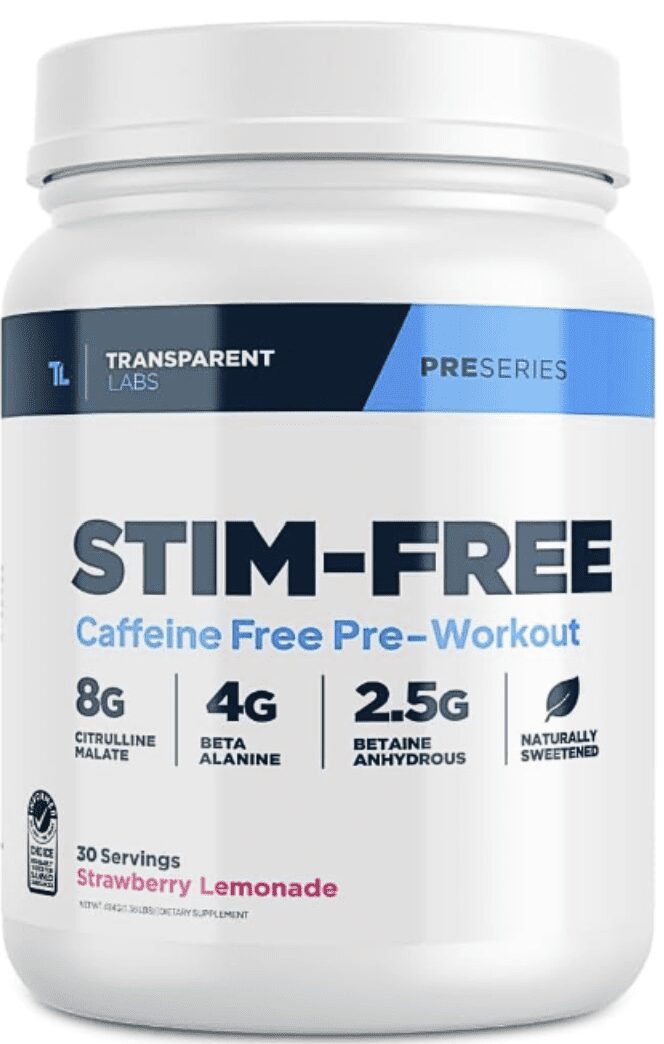 Transparent Labs Stim-Free Pre-Workout tub in Strawberry Lemonade flavor showing 8g Citrulline Malate, 4g Beta Alanine, and Informed Choice certification badge.