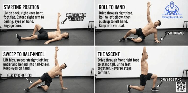 Four-panel image guide demonstrating the phases of the Turkish Get-Up: Starting Position, Roll to Hand, Sweep to Half-Kneel, and The Ascent (Drive to Stand). Key cues include keeping the arm vertical and eyes on hand.