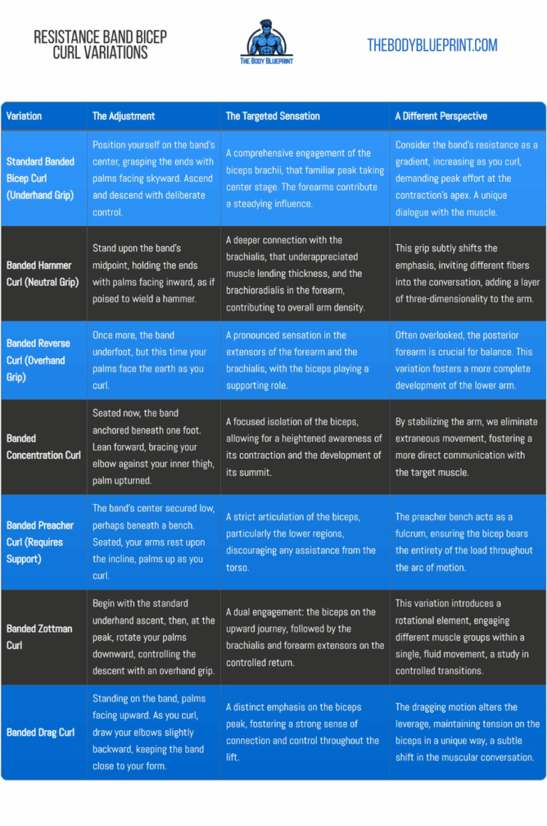 A table showcasing various bicep curl variations using resistance bands, detailing the adjustment needed for each variation, the targeted sensation in the muscles, and a different perspective on the exercise. Variations include Standard Banded Bicep Curl, Banded Hammer Curl, Banded Reverse Curl, Banded Concentration Curl, Banded Preacher Curl, Banded Zottman Curl, and Banded Drag Curl.
