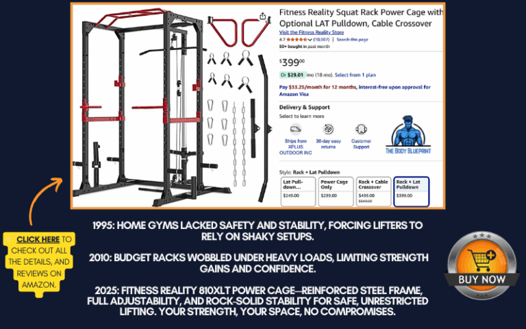 A button for the Fitness Reality Squat Rack Power Cage with optional LAT Pulldown and Cable Crossover attachments, highlighting its features and comparing it to home gym setups from 1995 and 2010. The button emphasizes the reinforced steel frame, full adjustability, and solid stability for safe and unrestricted lifting