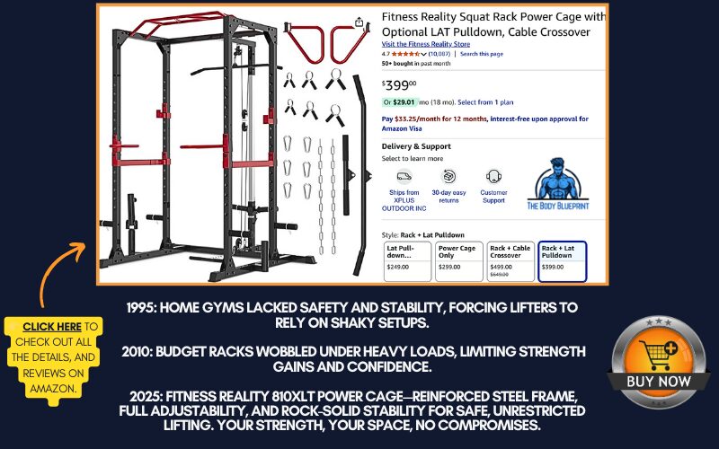 An buy now button for the Fitness Reality Squat Rack Power Cage with optional LAT Pulldown and Cable Crossover attachments, highlighting its features and comparing it to home gym setups from 1995 and 2010. The ad emphasizes the reinforced steel frame, full adjustability, and solid stability for safe and unrestricted lifting