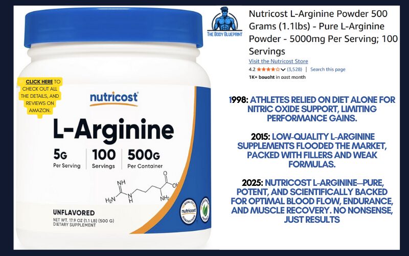 A container of Nutricost L-Arginine Powder, unflavored, containing 500 grams and providing 100 servings of 5g per serving. The image also shows the chemical structure of L-Arginine and details from an online listing including price, serving sizes, and brand information.