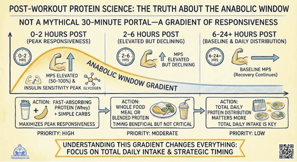 Infographic showing the Anabolic Window Gradient over 24+ hours. 0-2 hours post-workout is Peak Responsiveness (Fast Protein + Simple Carbs). 2-6 hours is Elevated but Declining (Whole Food/Blended Protein). 6-24+ hours is Baseline, emphasizing Total Daily Protein Intake as the key priority.