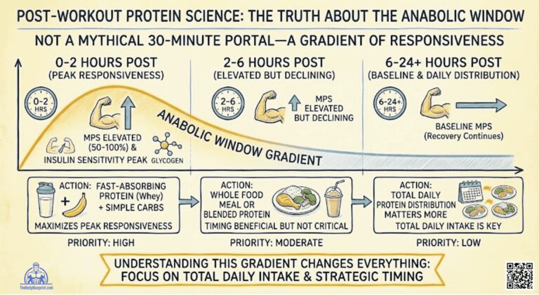 Infographic showing the Anabolic Window Gradient over 24+ hours. 0-2 hours post-workout is Peak Responsiveness (Fast Protein + Simple Carbs). 2-6 hours is Elevated but Declining (Whole Food/Blended Protein). 6-24+ hours is Baseline, emphasizing Total Daily Protein Intake as the key priority.