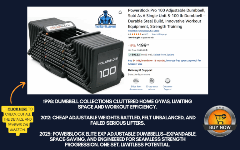A single PowerBlock Pro 100 adjustable dumbbell, showing its compact design and selector pin for adjusting weight from 5 to 100 lbs. The image provides product details, price, and shipping information