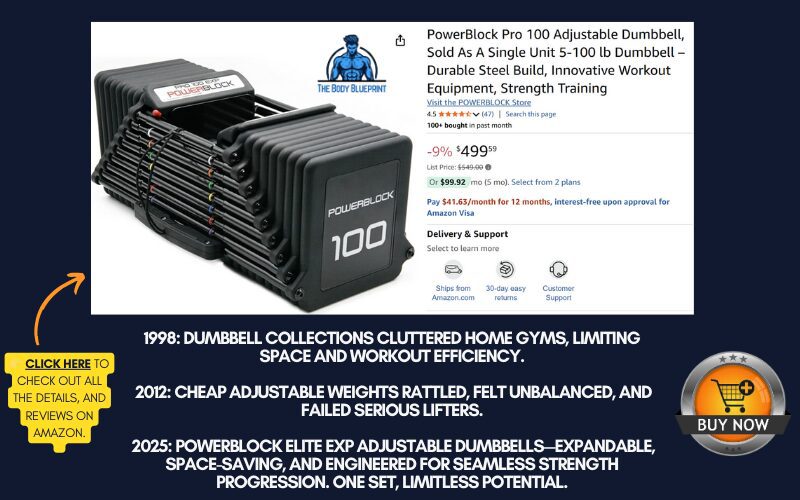 A single PowerBlock Pro 100 adjustable dumbbell, showing its compact design and selector pin for adjusting weight from 5 to 100 lbs. The image provides product details, price, and shipping information