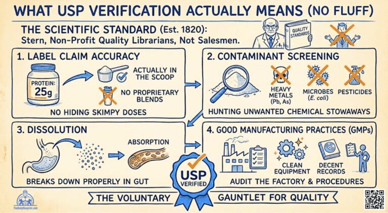 Infographic explaining the four steps of USP Verification: 1. Label Claim Accuracy (actually in the scoop, no proprietary blends). 2. Contaminant Screening (heavy metals, microbes, pesticides). 3. Dissolution (breaks down properly in gut for absorption). 4. Good Manufacturing Practices (GMPs).