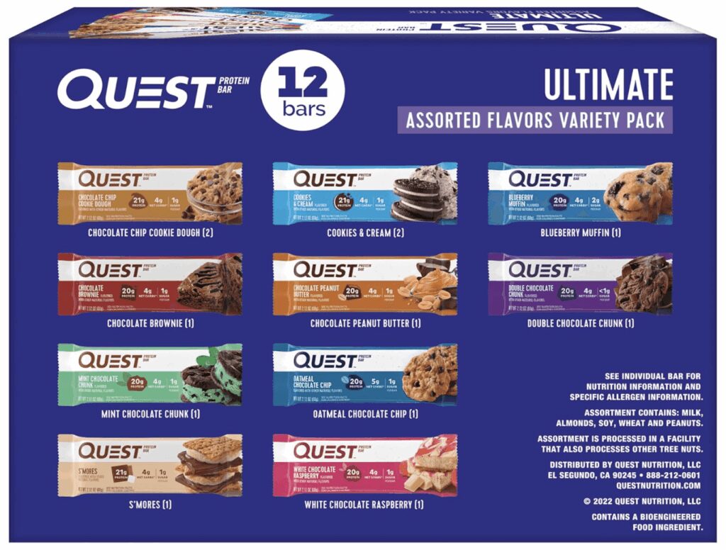 Quest Ultimate Protein Bar Assorted Flavors 12-bar variety pack. Flavors include Chocolate Chip Cookie Dough, Cookies & Cream, Blueberry Muffin, and more.