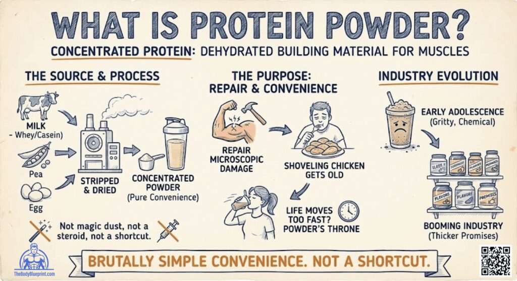 Infographic explaining protein powder as concentrated, dehydrated protein sourced from milk, peas, or eggs. Its purpose is repairing microscopic muscle damage for convenience, emphasizing it's not a shortcut or a steroid.