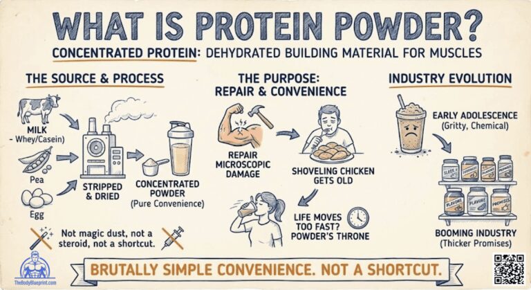 Infographic explaining protein powder as concentrated, dehydrated protein sourced from milk, peas, or eggs. Its purpose is repairing microscopic muscle damage for convenience, emphasizing it's not a shortcut or a steroid.