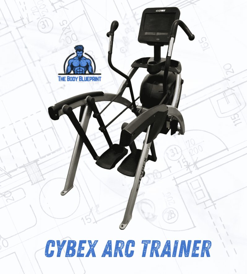 A Cybex Total Body Arc Trainer, a gray and black elliptical-like fitness machine with a central console, handlebars, and foot pedals, set against a faint blueprint background.