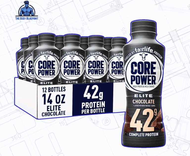 A carton containing 12 bottles of Fairlife Core Power Elite Chocolate High Protein Milk Shake, with one bottle prominently displayed in the foreground. The carton indicates "12 bottles," "14 oz," and "42g Protein per bottle." The individual bottle clearly states "Fairlife Core Power Elite Chocolate High Protein Milk Shake" and "42g Complete Protein." The background is a blueprint-style drawing.