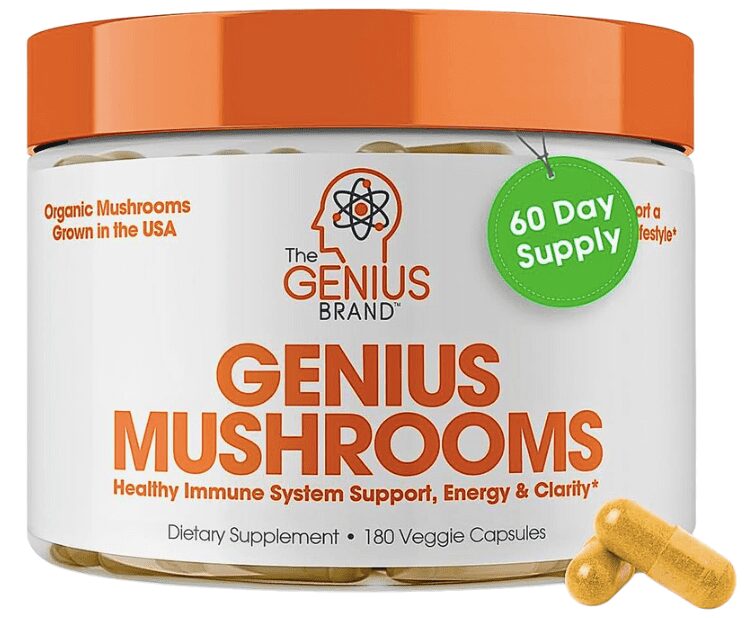 A white tub with an orange lid of The Genius Brand Genius Mushrooms dietary supplement. The label states "Organic Mushrooms Grown in the USA," "60 Day Supply," and highlights benefits for "Healthy Immune System Support, Energy & Clarity." It contains "180 Veggie Capsules," with two capsules shown in the foreground.
