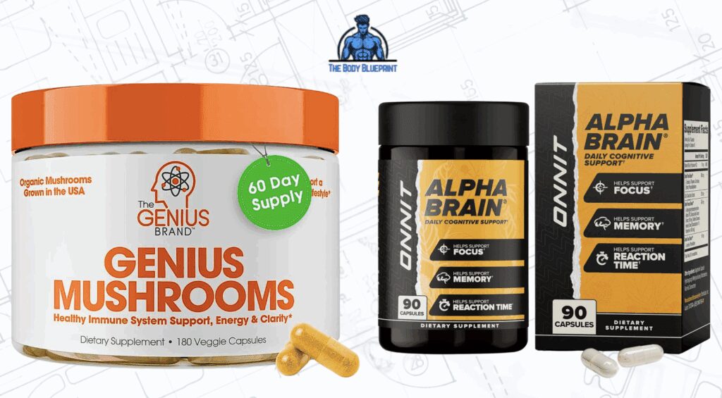 A side-by-side comparison of two nootropic supplements: The Genius Brand Genius Mushrooms (in a white and orange tub with 180 veggie capsules) on the left, and Onnit Alpha Brain (in a black bottle and box with 90 capsules) on the right. Both products claim to offer cognitive support.